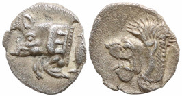 Greek
MYSIA. Kyzikos. (Circa 450-400 BC)
AR Obol (9.8mm 0.81g)
Obv: Forepart of boar left, with E (retrograde) on shoulder; to right, tunny upward....