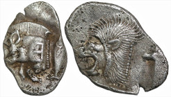 Greek
MYSIA. Kyzikos. (Circa 450-400 BC)
AR Obol (11.9mm 0.88g)
Obv: Forepart of boar left, with E (retrograde) on shoulder; to right, tunny upward...
