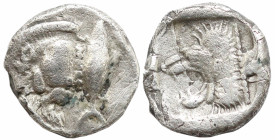 Greek
MYSIA. Kyzikos (Circa 450-400 BC)
AR Obol (7.9mm 0.89g)
Obv: Forepart of boar left; to right, tunny upward.
Rev: Head of roaring lion left w...