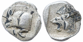 Greek
MYSIA. Kyzikos (Circa 450-400 BC)
AR Obol (7.9mm 0.8g)
Obv: Forepart of boar left; to right, tunny upward.
Rev: Head of roaring lion left wi...