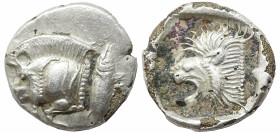 Greek
MYSIA. Kyzikos (Circa 450-400 BC)
AR Obol (8mm 0.68g)
Obv: Forepart of boar left; to right, tunny upward.
Rev: Head of roaring lion left wit...