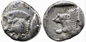 Greek
MYSIA. Kyzikos (Circa 450-400 BC)
AR Obol (8.1mm 0.97g)
Obv: Forepart of boar left; to right, tunny upward.
Rev: Head of roaring lion left w...