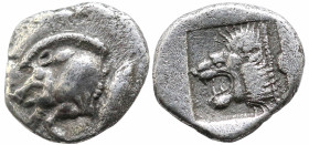Greek
MYSIA. Kyzikos (Circa 450-400 BC)
AR Obol (6.4mm 0.51g)
Obv: Forepart of boar left; to right, tunny upward.
Rev: Head of roaring lion left w...