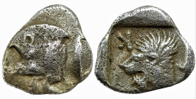Greek
MYSIA. Kyzikos (Circa 450-400 BC)
AR Obol (7.1mm 0.78g)
Obv: Forepart of boar left; tunny to right.
Rev: Head of roaring lion left; retrogra...