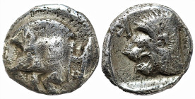 Greek
MYSIA, Kyzikos (Circa 450-400 BC)
AR Obol (7.3mm 0.8g)
Obv: Forepart of boar left; tunny to right.
Rev: Head of roaring lion left; retrograd...
