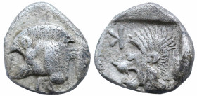 Greek
MYSIA. Kyzikos. (Circa 450-400 BC)
AR Obol (7.9mm 0.82g)
Obv: Forepart of boar left; tunny to right.
Rev: Head of roaring lion left; retrogr...