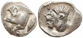Greek
MYSIA. Kyzikos. (Circa 450-400 BC)
AR Obol (8.3mm 0.79g)
Obv: Forepart of boar left; tunny to right.
Rev: Head of roaring lion left; retrogr...