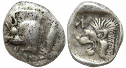 Greek
MYSIA, Kyzikos (Circa 450-400 BC)
AR Obol (7.9mm 0.99g)
Obv: Forepart of boar left; tunny to right.
Rev: Head of roaring lion left; retrogra...