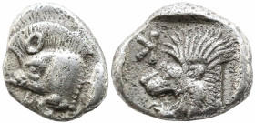 Greek
MYSIA, Kyzikos (Circa 450-400 BC)
AR Obol (7.4mm 0.78g)
Obv: Forepart of boar left; tunny to right.
Rev: Head of roaring lion left; retrogra...