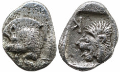 Greek
MYSIA, Kyzikos (Circa 450-400 BC)
AR Obol (8.3mm 0.74g)
Obv: Forepart of boar left; tunny to right.
Rev: Head of roaring lion left; retrogra...
