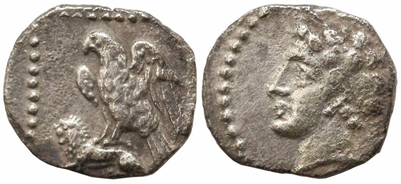 Greek
CILICIA. Uncertain. (4th century BC).
AR Obol (8.2mm 0.54g)
Obv: Head l...
