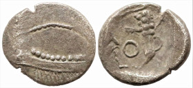 Greek
SAMARIA. 'Middle Levantine' Series. (Circa 375-333 BC).
AR Obol (7.6mm 0.46g).
Obv: Phoenician galley left; waves below.
Rev: Persian king o...