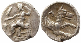 Greek
LYCAONIA, Laranda (Circa 4th century BC)
AR Obol (8.9mm 0.87g)
Obv: Baaltars seated left, holding grain ear, grapes and sceptre.
Rev: Forepa...