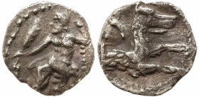 Greek
LYCAONIA, Laranda (Circa 4th century BC)
AR Obol (7.9mm 0.5g)
Obv: Baaltars seated left, holding grain ear, grapes and sceptre.
Rev: Forepar...