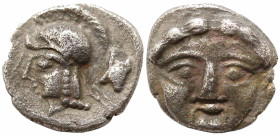 Greek
PISIDIA. Selge. (400 BC)
AR Obol (7.6mm 0.98g).
Obv: Facing gorgoneion, tongue extended
Rev: Head of Athena to right, wearing crested Attic ...