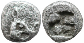 Greek
MYSIA. Kyzikos. (Circa 550-480 BC).
AR Hemiobol (4.2mm 0.46g)
Obv: Head of boar right, holding tunny in its jaws.
Rev: Incuse square punch....