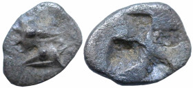Greek
MYSIA. Kyzikos. (Circa 550-500 BC).
AR Hemiobol (7mm 0.41g).
Obv: Head of a tunny to right above head of a tunny to left.
Rev: Quadripartite...