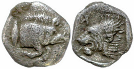 Greek
MYSIA. Kyzikos (Circa 480-475 BC)
AR Hemiobol (4.9mm 0.29g)
Obv: Forepart of boar right; to left, tunny upward.
Rev: Head of lion left; retr...