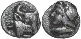 Greek
MYSIA. Kyzikos (Circa 460-410 BC)
AR Hemiobol (5.2mm 0.3g)
Obv: Head of Attis left, wearing Phrygian cap; below, tunny.
Rev: KY-ZI clockwise...