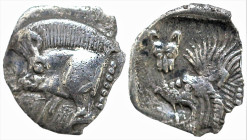 Greek
MYSIA. Kyzikos. (Circa 450-400 BC).
AR Hemiobol (6.4mm 0.26g).
Obv: Forepart of a boar left, retrograde K on its shoulder; to right, tunny up...