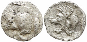 Greek
MYSIA. Kyzikos. (Circa 450-400 BC).
AR Hemiobol (5.8mm 0.38g)
Obv: Head of lion left; behind, tunny upward
Rev: Forepart of boar left; to ri...