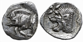 Greek
MYSIA. Kyzikos. (Circa 450-400 BC).
AR Hemiobol (8mm 0.36g)
Obv: Forepart of boar left; to right, tunny upward.
Rev: Head of roaring lion le...