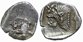 Greek
MYSIA. Kyzikos. (Circa 450-400 BC).
AR Hemiobol (7.1mm 0.41g)
Obv: Forepart of boar left; to right, tunny upward.
Rev: Head of roaring lion ...