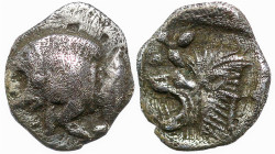 Greek
MYSIA. Kyzikos. (Circa 450-400 BC).
AR Hemiobol (6.9mm 0.35g)
Obv: Forepart of boar left; to right, tunny upward.
Rev: Head of roaring lion ...