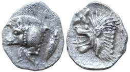 Greek
MYSIA. Kyzikos. (Circa 450-400 BC).
AR Hemiobol (6.8mm 0.39g)
Obv: Forepart of boar left; to right, tunny upward.
Rev: Head of roaring lion ...