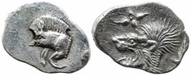 Greek
MYSIA. Kyzikos. (Circa 450-400 BC).
AR Hemiobol (9.6mm 0.38g)
Obv: Forepart of boar left; to right, tunny upward.
Rev: Head of roaring lion ...