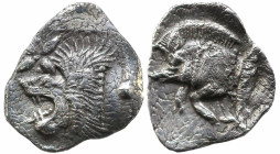 Greek
MYSIA. Kyzikos. (Circa 450-400 BC).
AR Hemiobol (7.8mm 0.38g)
Obv: Forepart of boar left; to right, tunny upward.
Rev: Head of roaring lion ...