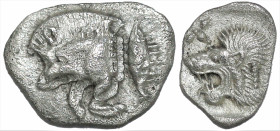 Greek
MYSIA. Kyzikos. (Circa 450-400 BC).
AR Hemiobol (8.2mm 0.41g)
Obv: Forepart of boar left; to right, tunny upward.
Rev: Head of roaring lion ...