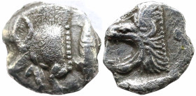 Greek
MYSIA. Kyzikos (Circa 450-400 BC)
AR Hemiobol (5.3mm 0.29g)
Obv: Forepart of boar left; to right, tunny upward.
Rev: Head of roaring lion le...