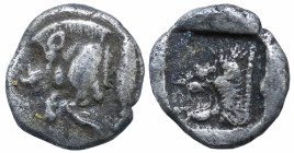 Greek
MYSIA. Kyzikos (Circa 450-400 BC)
AR Hemiobol (6mm 0.46g)
Obv: Forepart of boar to left, tunny fish behind
Rev: Head of roaring lion to left...