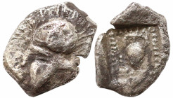 Greek
ASIA MINOR. Uncertain. (Circa 5th century BC).
AR Hemiobol (6.8mm 0.32g)
Obv: Crested helmet left; serpent(?) on bowl.
Rev: Amphora within d...