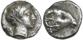 Greek
CARIA. Kasolaba. (Circa 450-400 BC). Milesian standard.
AR Hemiobol (4.8mm 0.39g)
Obv:Head of young male right; Carian letters flanking neck...