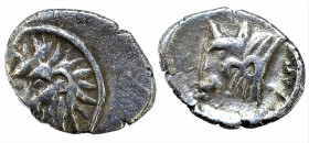 Greek
CARIA. Uncertain. (Circa 400-350 BC)
AR Hemiobol (7.3mm 0.37g)
Obv: Head of a lion with long mane facing slightly to left.
Rev: Head of a bu...