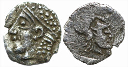 Greek
ASIA MINOR. Uncertain. (Circa 5th century BC)
AR Tetartemorion (4.2mm 0.12g)
Obv: Head of Apollo(?) left, wearing tainia
Rev:Helmeted head o...