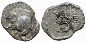 Greek
MYSIA. Kyzikos. (Circa 450-400 BC).
AR Tetartemorion (4.9mm 0.2g)
Obv: Forepart of boar left; tunny to right.
Rev: Head of roaring lion left...