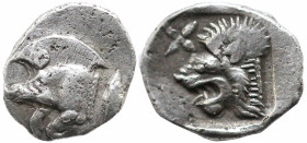 Greek
MYSIA. Kyzikos. (Circa 450-400 BC).
AR Tetartemorion (5.2mm 0.2g)
Obv: Forepart of boar left; to right, tunny upward.
Rev: Head of roaring l...