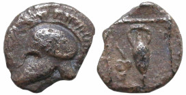 Greek
ASIA MINOR. Uncertain mint. (5th century BC).
AR Tetartemorion (4mm 0.16g)
Obv: Corinthian helmet left.
Rev: Amphora and ivy leaf in linear ...