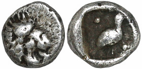 Greek
CARIA. Mylasa. (Circa 420-390 BC).
AR Tetartemorion (3.5mm 0.27g)
Obv: Head of roaring lion right.
Rev: Bird standing right; pellet to upper...
