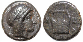 Greek
TROAS. Hamaxitos (Circa 400-310 BC)
AE Bronze (10.1mm 1.84g)
Obv: Laureate head of Apollo right
Rev: ΑΜΑΞΙ, lyre.
BMC 1; SNG Copenhagen 341...