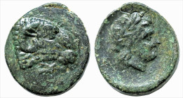 Greek Coins
TROAS. Kebren. (Circa 400-387 BC).
AE Bronze (20mm 7.41g)
Obv: Head of ram right; below, sea eagle flying right.
Rev: K - E Laureate h...