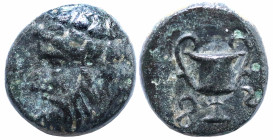 Greek
LYDIA. Uncertain. (4th century BC)
AE Bronze (8.3mm 1.55g).
Obv: Wreathed head of Dionysos left
Rev: Kantharos; F (in Lydian) and S (in Lydi...