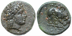 Greek
MYSIA. Plakia. (4th century BC).
AE Bronze (9.8mm 1.54g)
Obv: Turreted head of Kybele right.
Rev: ΠΛΑΚΙΑ. Lion, devouring prey, standing rig...