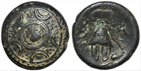 Greek
KINGS OF MACEDON. Philip III Arrhidaios (Circa 323-317 BC)
AE Bronze (14mm 4.47g)
Obv: Macedonian shield, on boss, head of Herakles right, we...