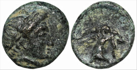 Greek
AEOLIS. Aigai. (Circa 4th-3rd centuries BC).
AE Bronze (8mm 0.99g)
Obv: Laureate head of Apollo right.
Rev: Head of goat right.
SNG von Aul...