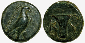 Greek
AEOLIS. Kyme. (Circa 320-250 BC).
AE Bronze (14mm 4.48g)
Obv: Eagle standing right with closed wings.
Rev: K - Y. One-handled cup.
SNG von ...