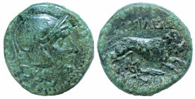 Greek
KINGS of THRACE. Macedonian. Lysimachos (305-281 BC)
AE Unit (16.5mm 4.36g).
Obv: Helmeted head of Athena right
Rev: Lion running right; mon...